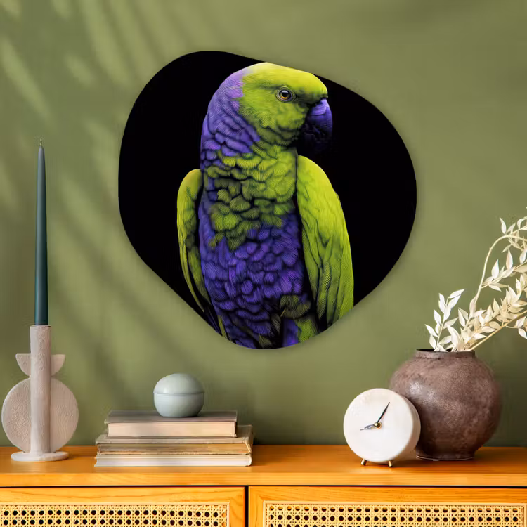 Papegaai - Veren - Opvallend - Groen Wandcirkel Organisch Plexiglas middel -sfeer2