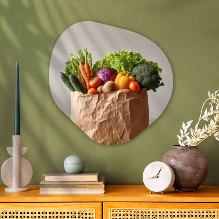 Papieren - Boodschappen - Groente - Kleurrijk Wandcirkel Organisch Plexiglas middel -sfeer2