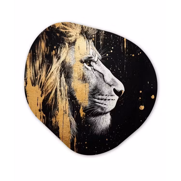 Portret - Leeuw - Abstract - Goud Wandcirkel Organisch Plexiglas middel -3d