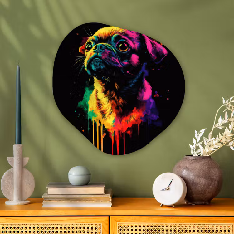 Puck - Hond - Verf - Kleuren Wandcirkel Organisch Plexiglas middel -sfeer2