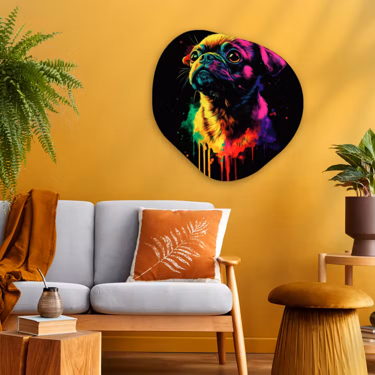 Puck - Hond - Verf - Kleuren Wandcirkel Organisch Plexiglas middel -sfeer4