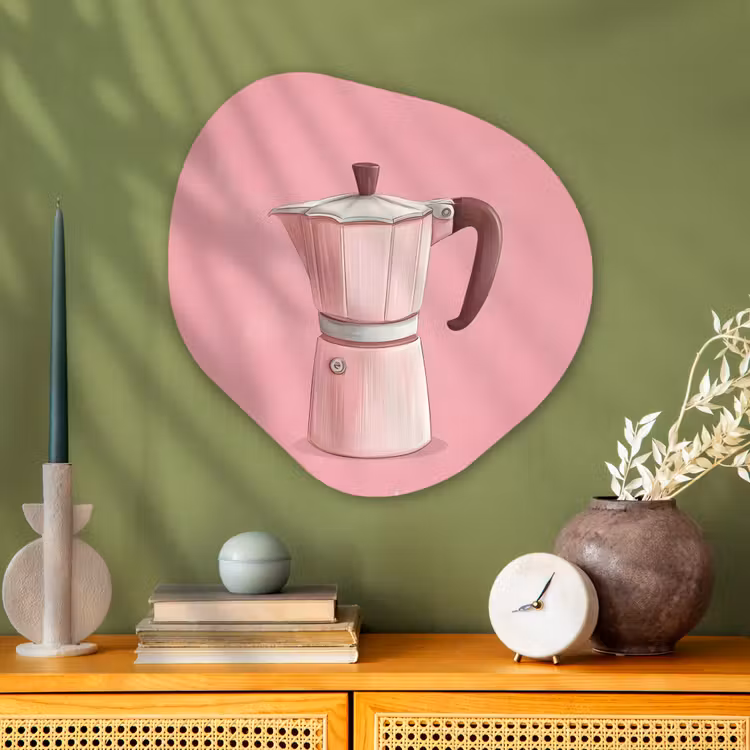 Roze - Mokkapot - Illustratie - Koffie Wandcirkel Organisch Plexiglas middel -sfeer2