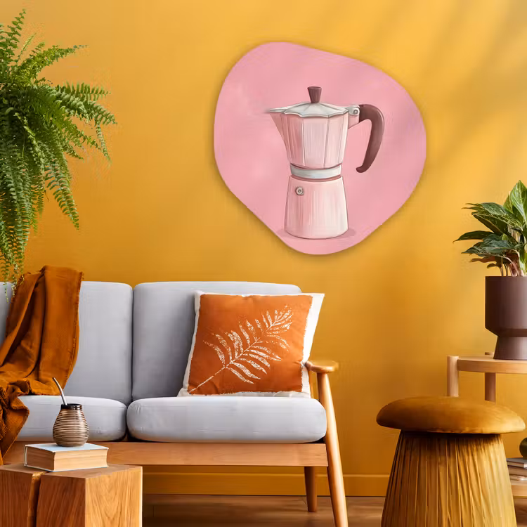 Roze - Mokkapot - Illustratie - Koffie Wandcirkel Organisch Plexiglas middel -sfeer4