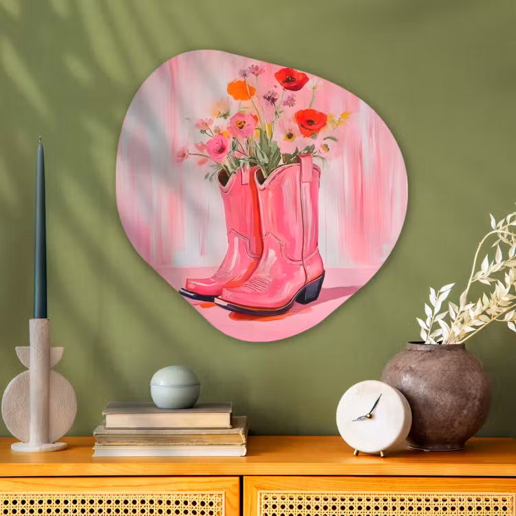 Roze - Bloemen - Cowboy Wandcirkel Organisch Plexiglas middel -sfeer2