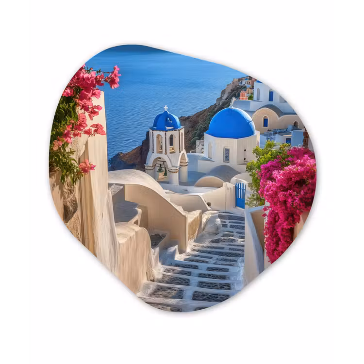 Santorini - Bloemen - Griekenland Wandcirkel Organisch Plexiglas middel -3d