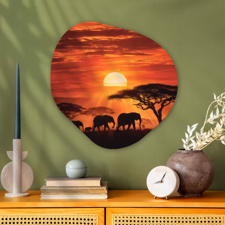 Savanne - Olifanten - Zonsondergang Wandcirkel Organisch Plexiglas middel -sfeer2