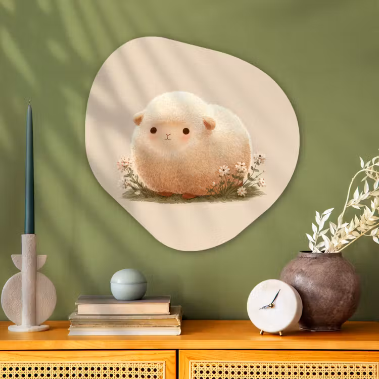 Schaap - Beige - Bloemen Wandcirkel Organisch Plexiglas middel -sfeer2