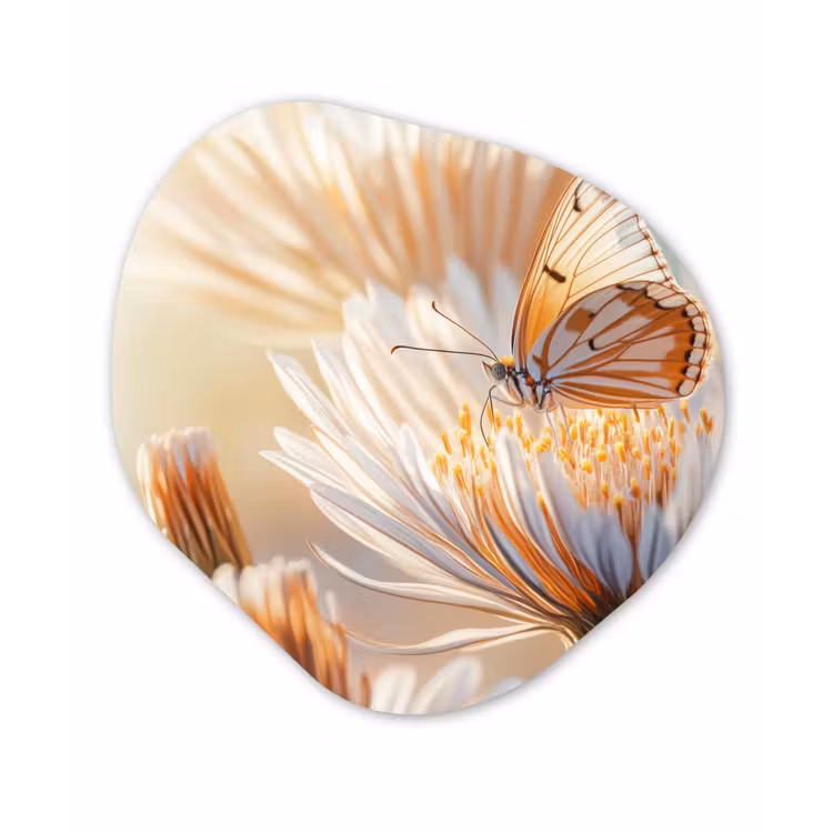 Vlinder - Bloem - Oranje Wandcirkel Organisch Plexiglas middel -3d
