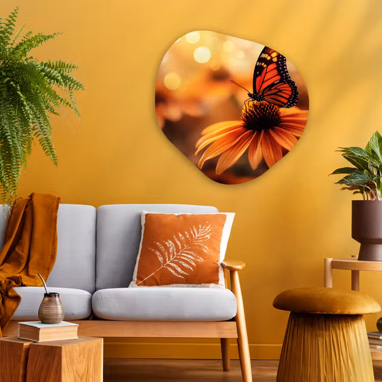 Vlinder - Bloemen - Oranje Wandcirkel Organisch Plexiglas middel -sfeer4