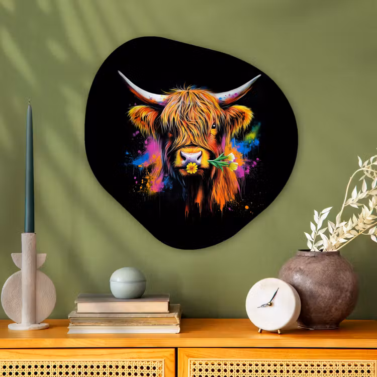 Schotse Hooglander - Graffiti - Kleurrijk - Bloem - Dieren Wandcirkel Organisch Plexiglas middel -sfeer2