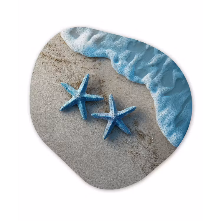 Zeesterren - Zand - Zee - Blauw Wandcirkel Organisch Plexiglas middel -3d