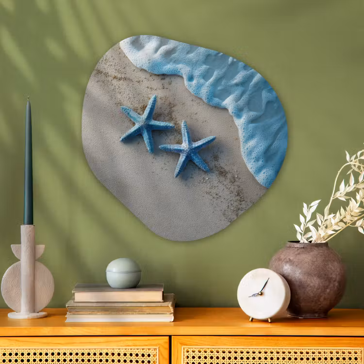 Zeesterren - Zand - Zee - Blauw Wandcirkel Organisch Plexiglas middel -sfeer2