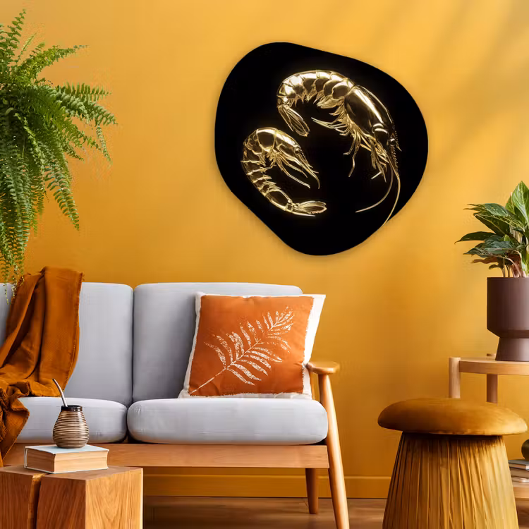 Garnalen - Zwart - Goud - Dieren Wandcirkel Organisch Plexiglas middel -sfeer4