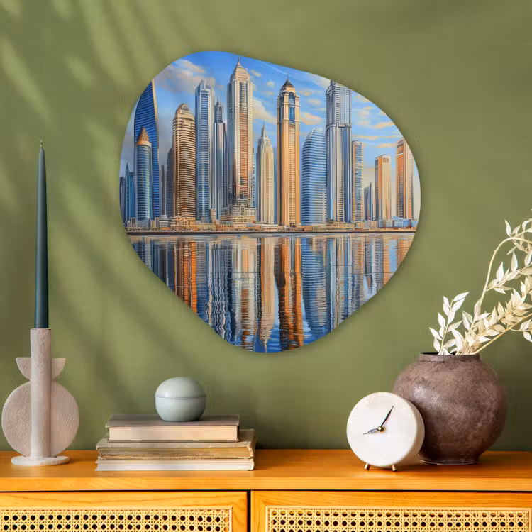 Skyline - Wolkenkrabbers - Water - Blauw Wandcirkel Organisch Plexiglas middel -sfeer2