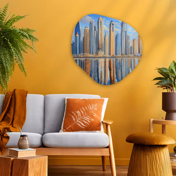 Skyline - Wolkenkrabbers - Water - Blauw Wandcirkel Organisch Plexiglas middel -sfeer4