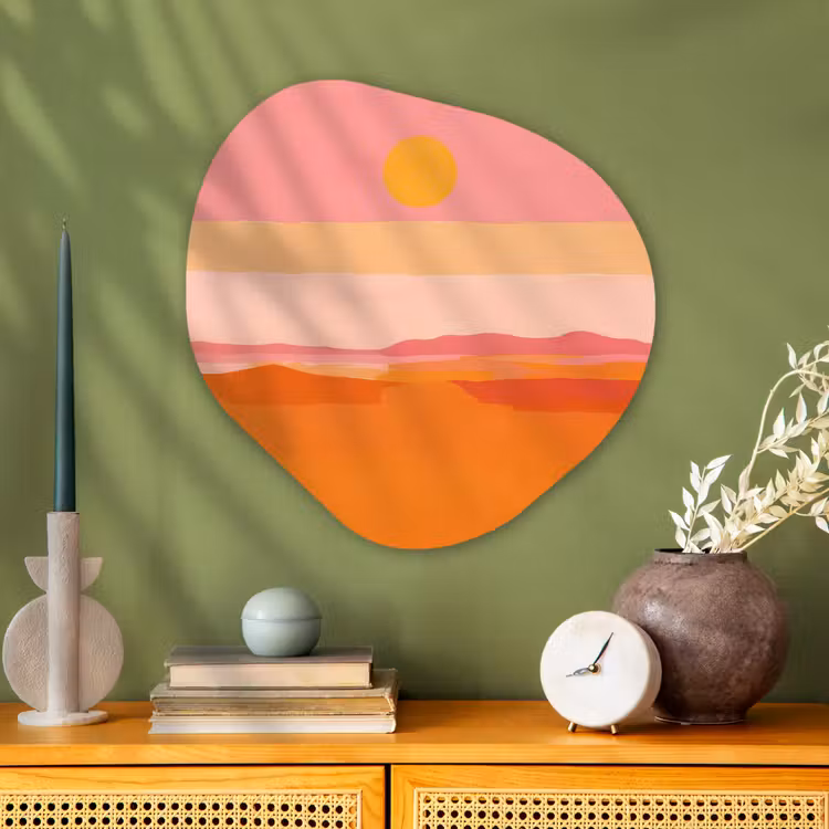 Zon - Abstract - Landschap - Oranje Wandcirkel Organisch Plexiglas middel -sfeer2