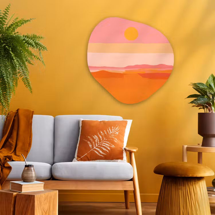 Zon - Abstract - Landschap - Oranje Wandcirkel Organisch Plexiglas middel -sfeer4
