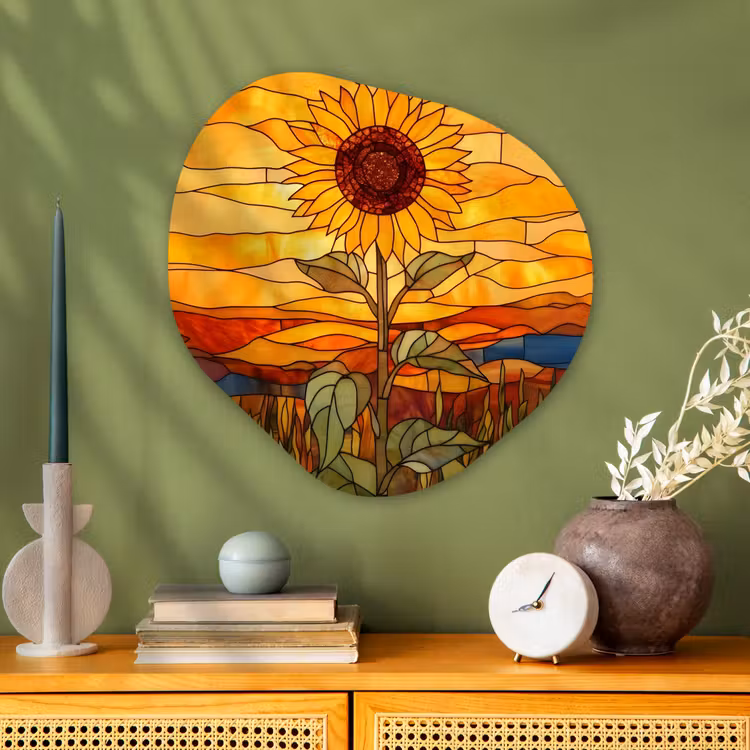 Zonnebloem - Mozaïek - Zonsondergang - Geel Wandcirkel Organisch Plexiglas middel -sfeer2