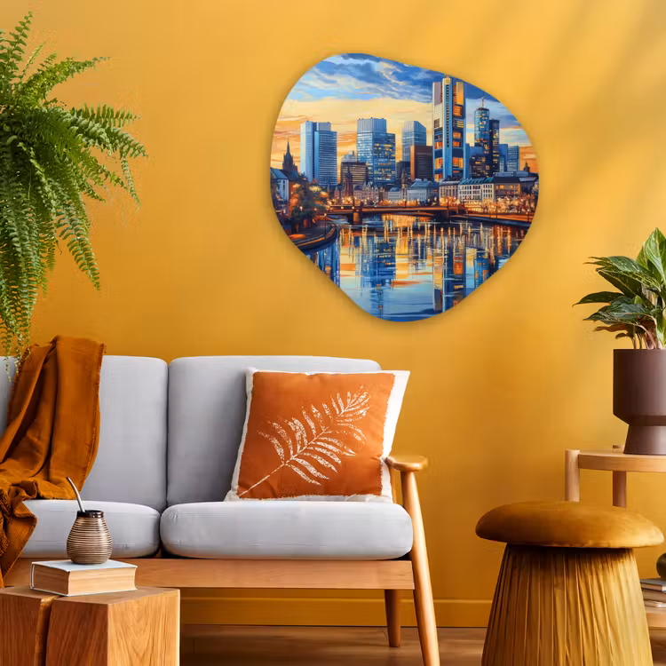 Zonsondergang Frankfurt - Stad - Skyline - Water Wandcirkel Organisch Plexiglas middel -sfeer4