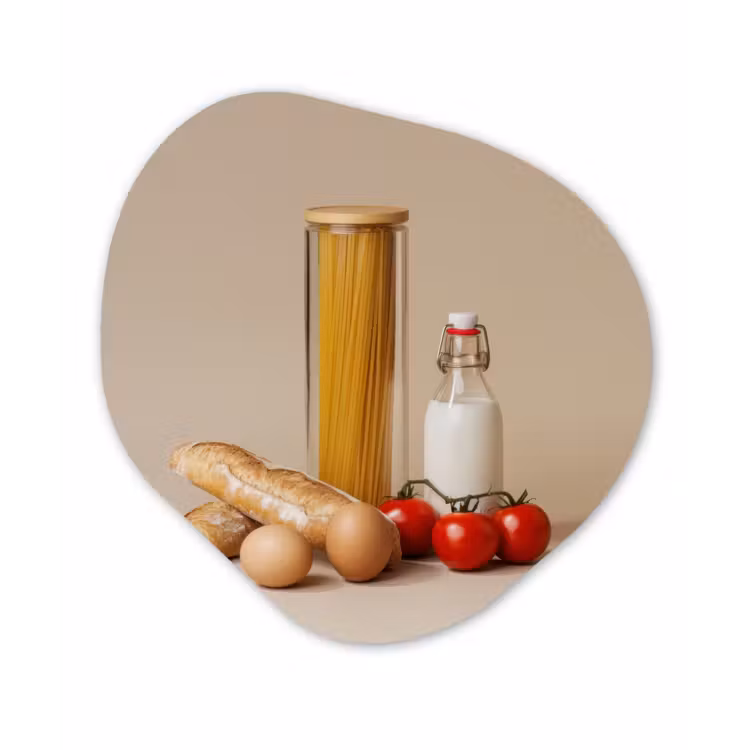 Spaghetti - Melk - Tomaten - Eieren - Brood Wandcirkel Organisch Plexiglas middel -3d