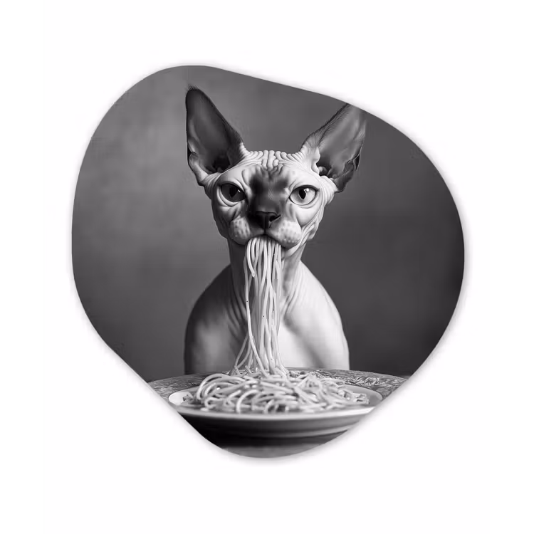 Sphynx - Kat - Dieren - Humor - Spaghetti - Zwart Wit Wandcirkel Organisch Plexiglas middel -3d