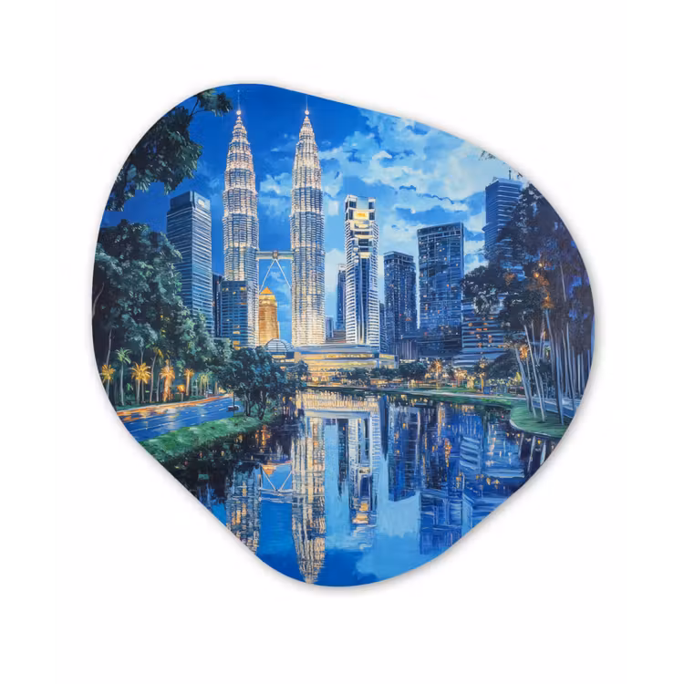 Stad Kuala Lumpur - Skyline - Wolkenkrabbers - Water Wandcirkel Organisch Plexiglas middel -3d