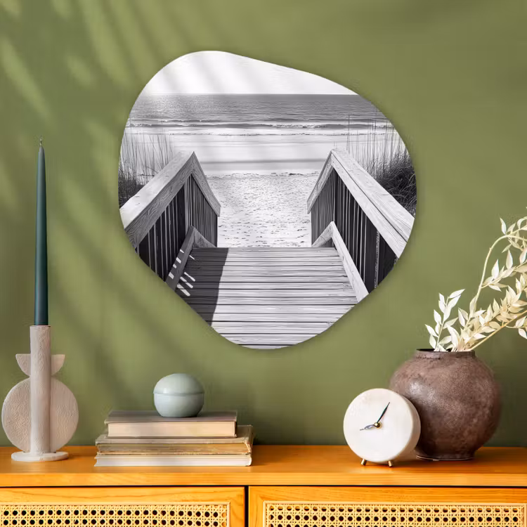 Loopbrug - Hout - Strand - Zee Wandcirkel Organisch Plexiglas middel -sfeer2