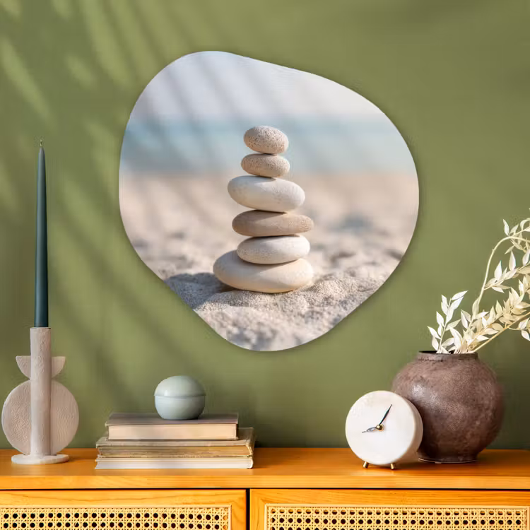 Stenen - Stapel - Zand - Zee Wandcirkel Organisch Plexiglas middel -sfeer2