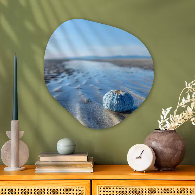 Strand - Schild - Water - Blauw Wandcirkel Organisch Plexiglas middel -sfeer2