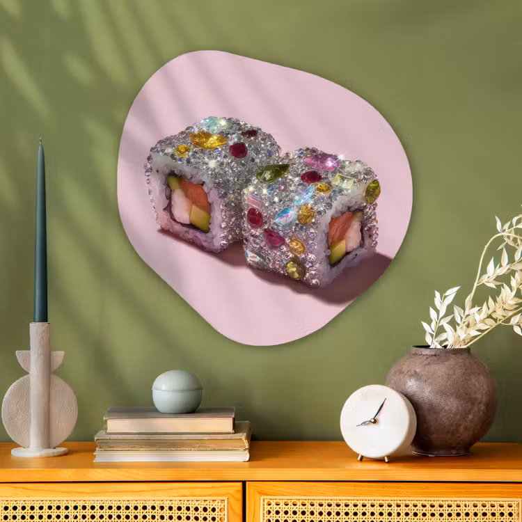 Sushi - Rolletjes - Steentjes - Kleurrijk Wandcirkel Organisch Plexiglas middel -sfeer2