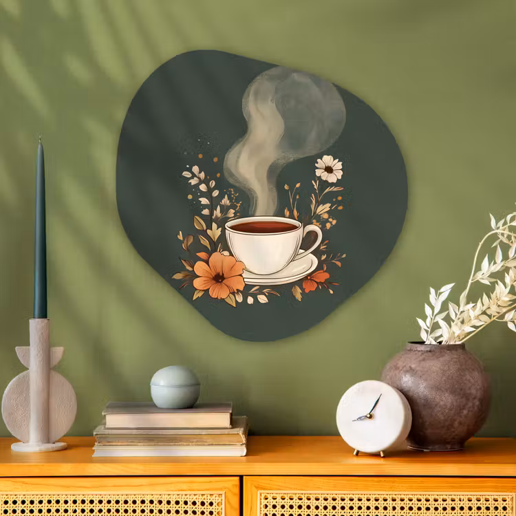 Kop - Bloemen - Groen - Koffie Wandcirkel Organisch Plexiglas middel -sfeer2