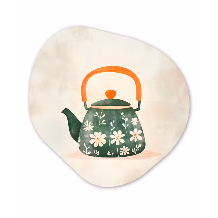 Theepot - Groen - Bloemen - Oranje Wandcirkel Organisch Plexiglas middel -3d