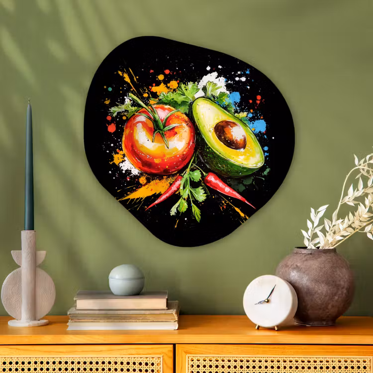 Tomaat - Avocado - Peper - Graffiti - Verf - Modern Wandcirkel Organisch Plexiglas middel -sfeer2