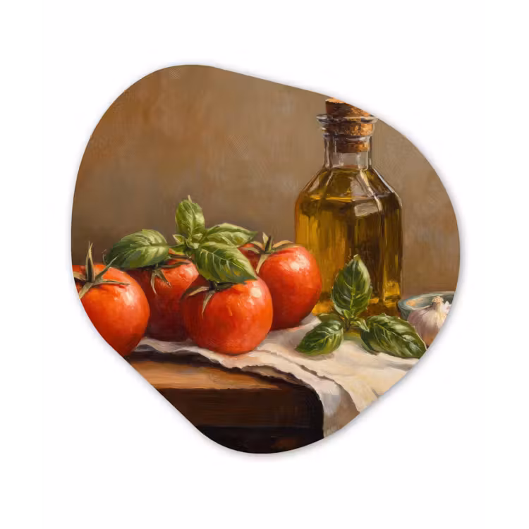 Tomaten - Olijfolie - Stilleven Wandcirkel Organisch Plexiglas middel -3d