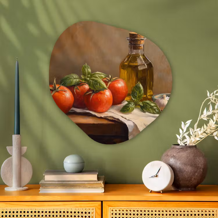 Tomaten - Olijfolie - Stilleven Wandcirkel Organisch Plexiglas middel -sfeer2