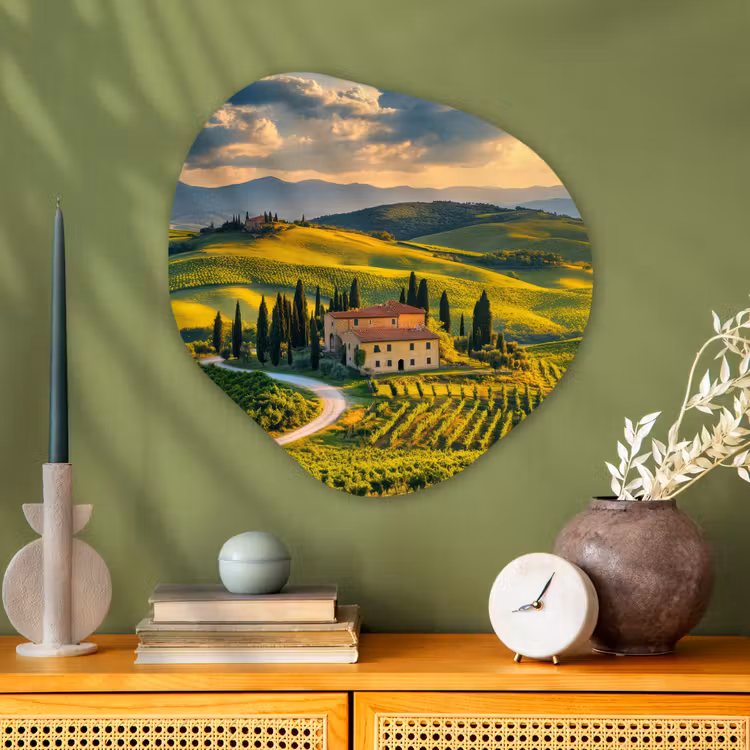 Toscane - Landschap - Wijngaarden Wandcirkel Organisch Plexiglas middel -sfeer2