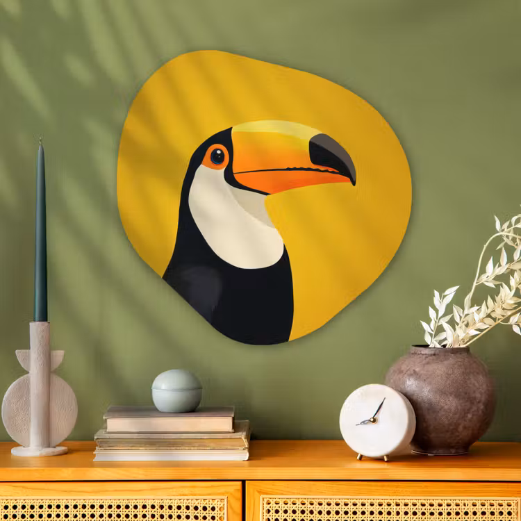 Toekan - Minimalistisch - Snavel - Oranje Wandcirkel Organisch Plexiglas middel -sfeer2