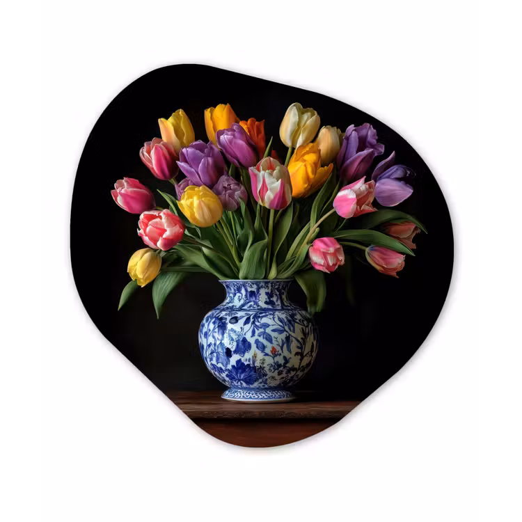 Tulpen - Kleuren - Hout - Vaas Wandcirkel Organisch Plexiglas middel -3d
