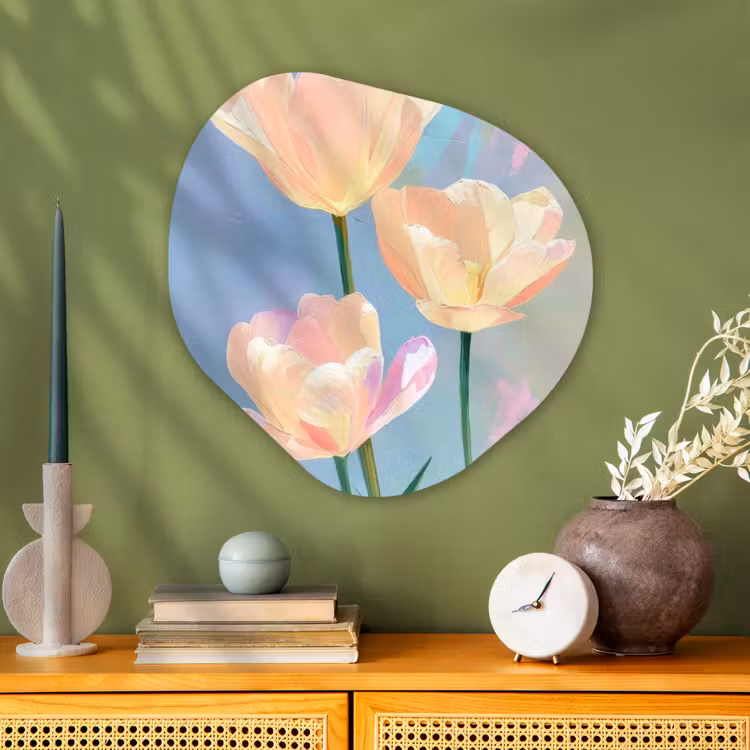 Tulpen - Roze accenten - Blauw Wandcirkel Organisch Plexiglas middel -sfeer2
