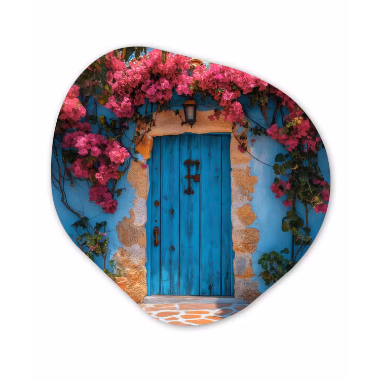 Deur - Hout - Bloemen - Blauw Wandcirkel Organisch Plexiglas middel -3d