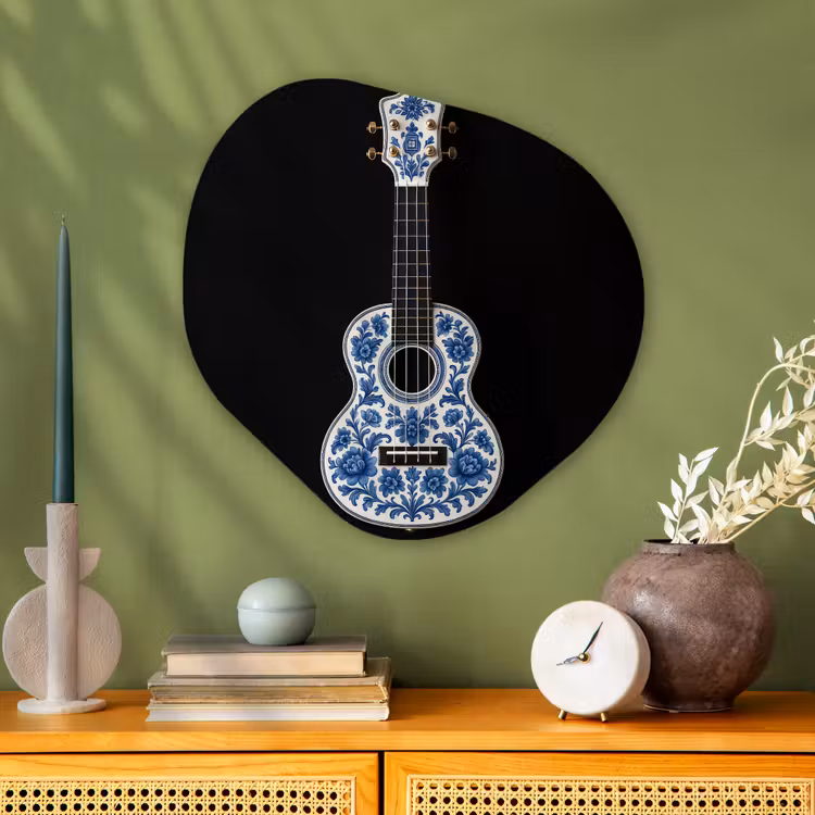 Ukelele - Delfts - Blauw - Muziek Wandcirkel Organisch Plexiglas middel -sfeer2