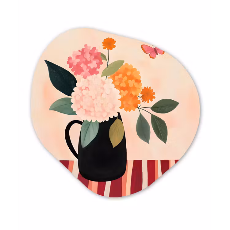 Vaas - Bloemen - Vlinder - Rood Wandcirkel Organisch Plexiglas middel -3d