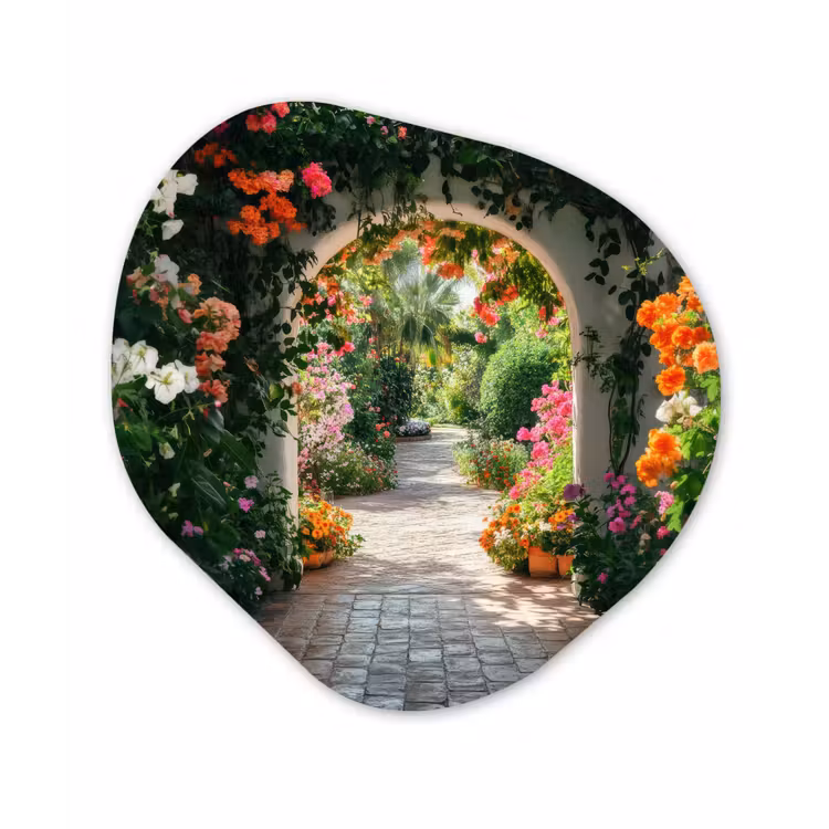 Doorkijk - Bloemen - Natuur - Bloementuin Wandcirkel Organisch Plexiglas middel -3d