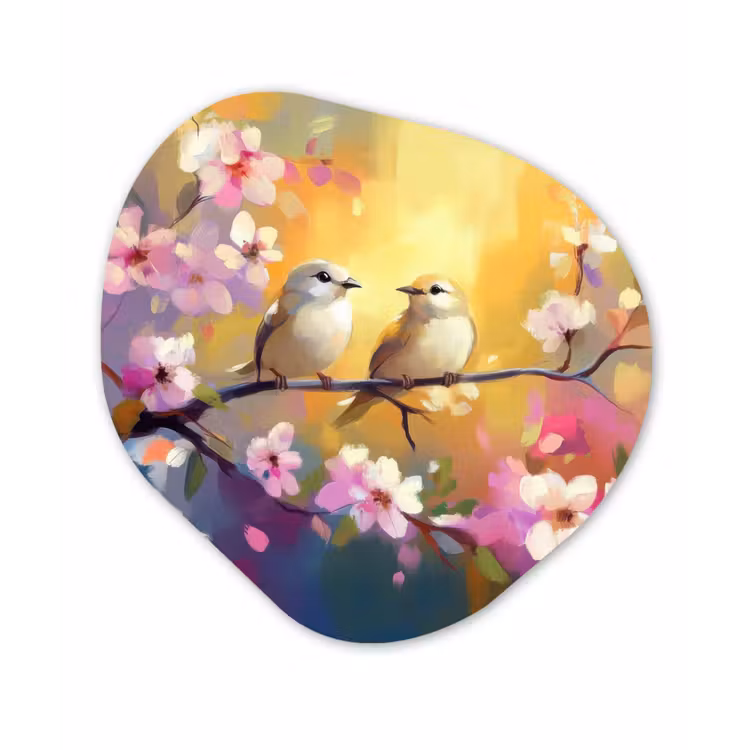 Vogels - Bloemen - Roze Wandcirkel Organisch Plexiglas middel -3d