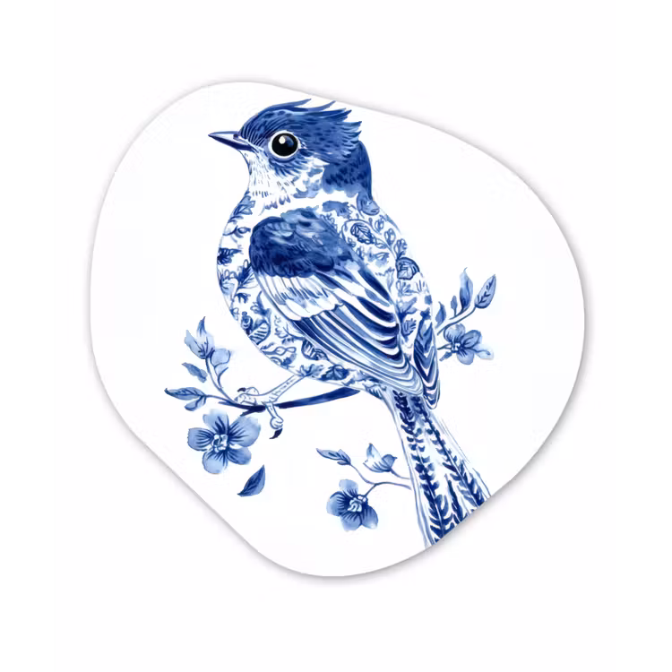 Vogel - Delfts blauw - Illustratie - Bloemen Wandcirkel Organisch Plexiglas middel -3d