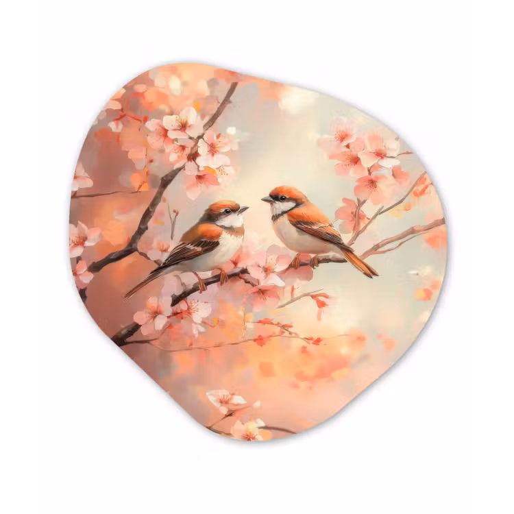 Vogels - Romantic - Bloesemtak Wandcirkel Organisch Plexiglas middel -3d