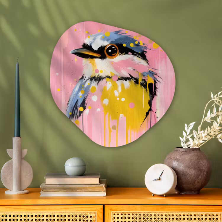 Vogel - Roze - Geel - Blauw Wandcirkel Organisch Plexiglas middel -sfeer2