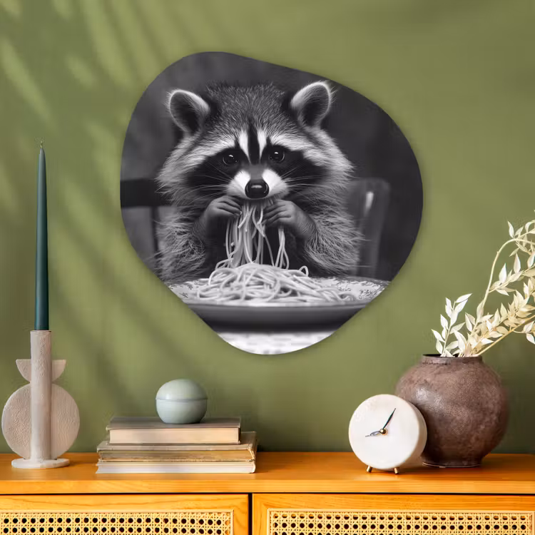 Wasbeer - Cute - Pasta - Tafelkleed - Zwart - Wit Wandcirkel Organisch Plexiglas middel -sfeer2