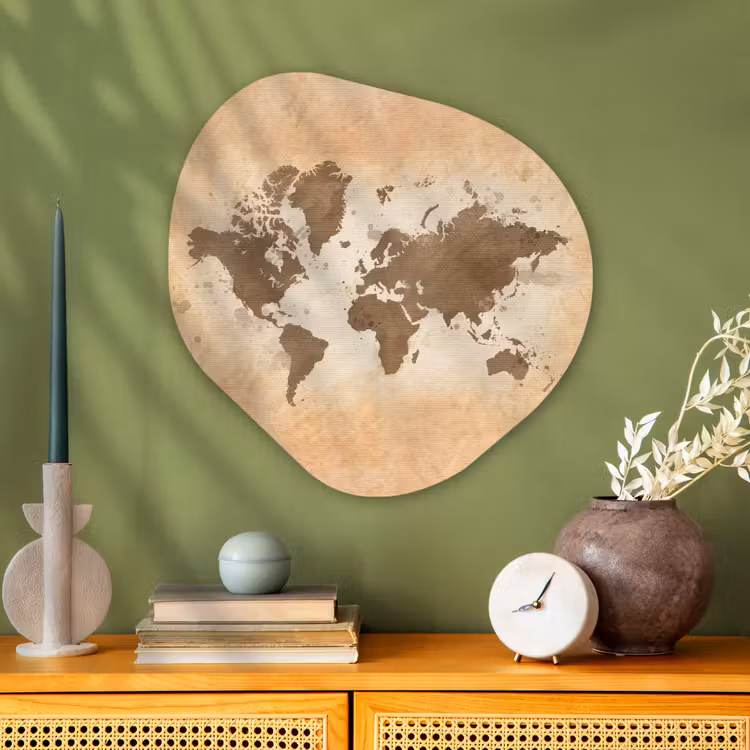 Wereldkaart - Beige - Bruin Wandcirkel Organisch Plexiglas middel -sfeer2