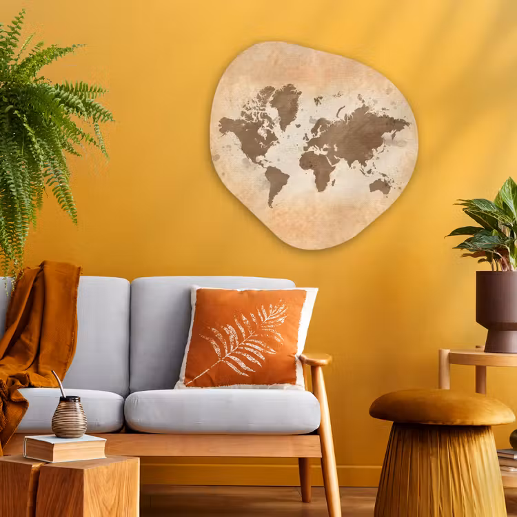 Wereldkaart - Beige - Bruin Wandcirkel Organisch Plexiglas middel -sfeer4